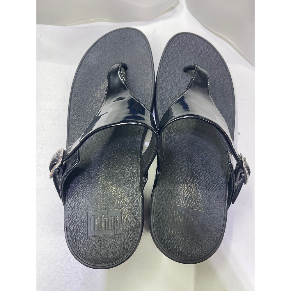 FitFlop Pietra Black Patent Leather Microwobbleboard Thong Sandals Womens 8